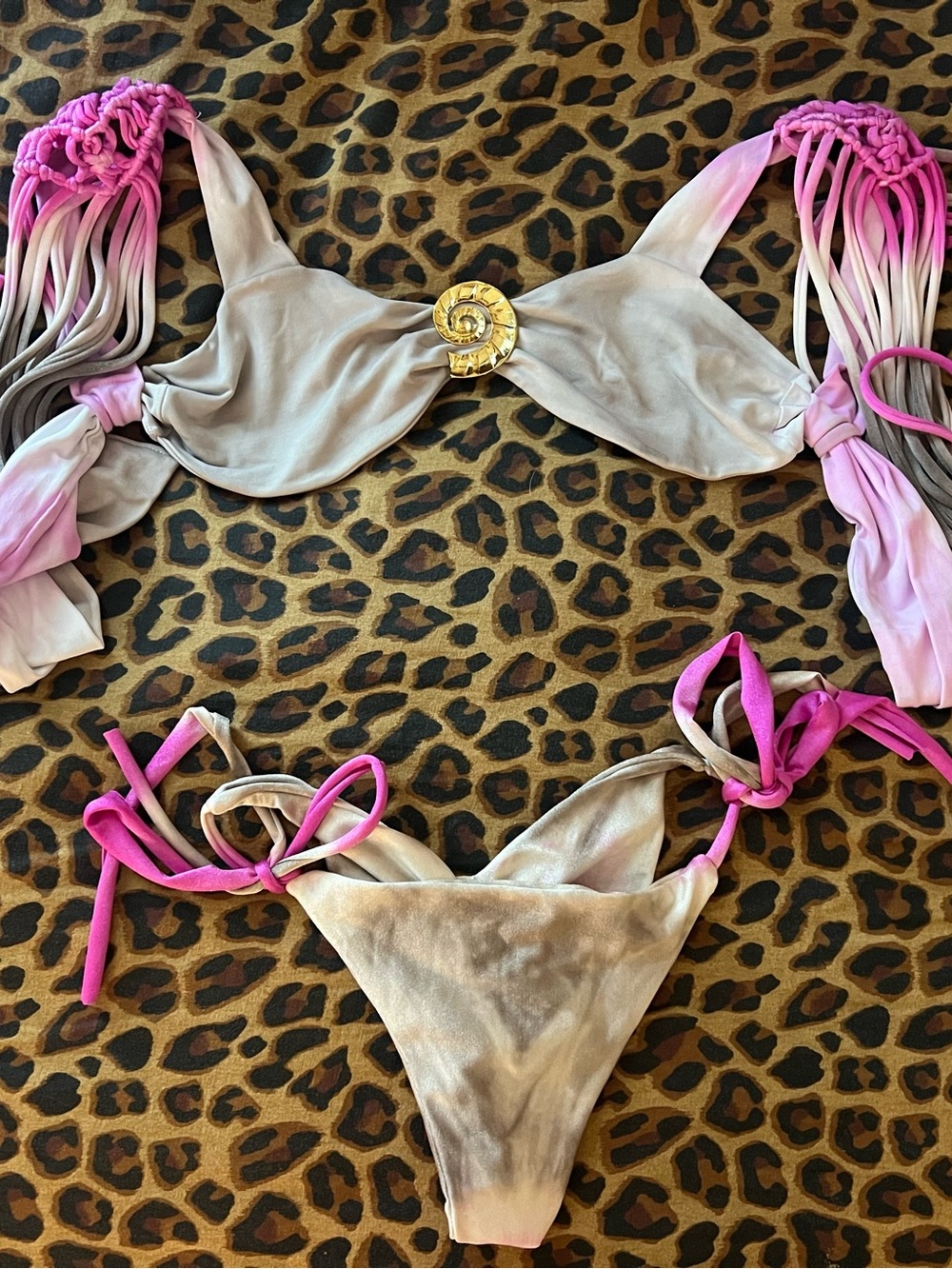 Pink Ombre Tie-Side Bikini with Gold Shell Accent